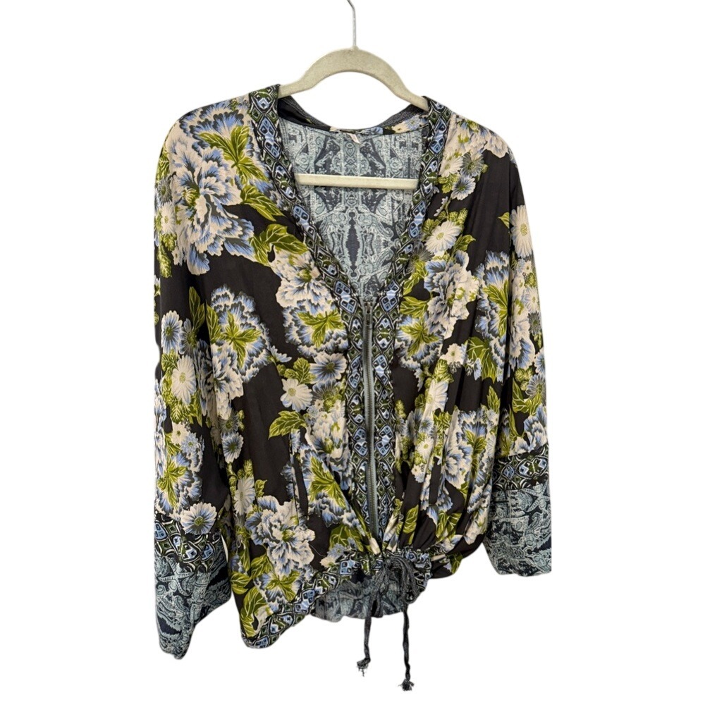 Free People Floral‎ Zip Front Flowy Blouse Wide Sleeves